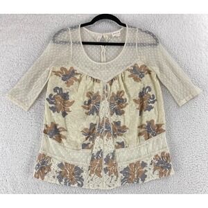 Meadow Rue Ivory Anja Floral Embroidered Shirt Womens 3/4 Sleeve Mesh Dot Size S